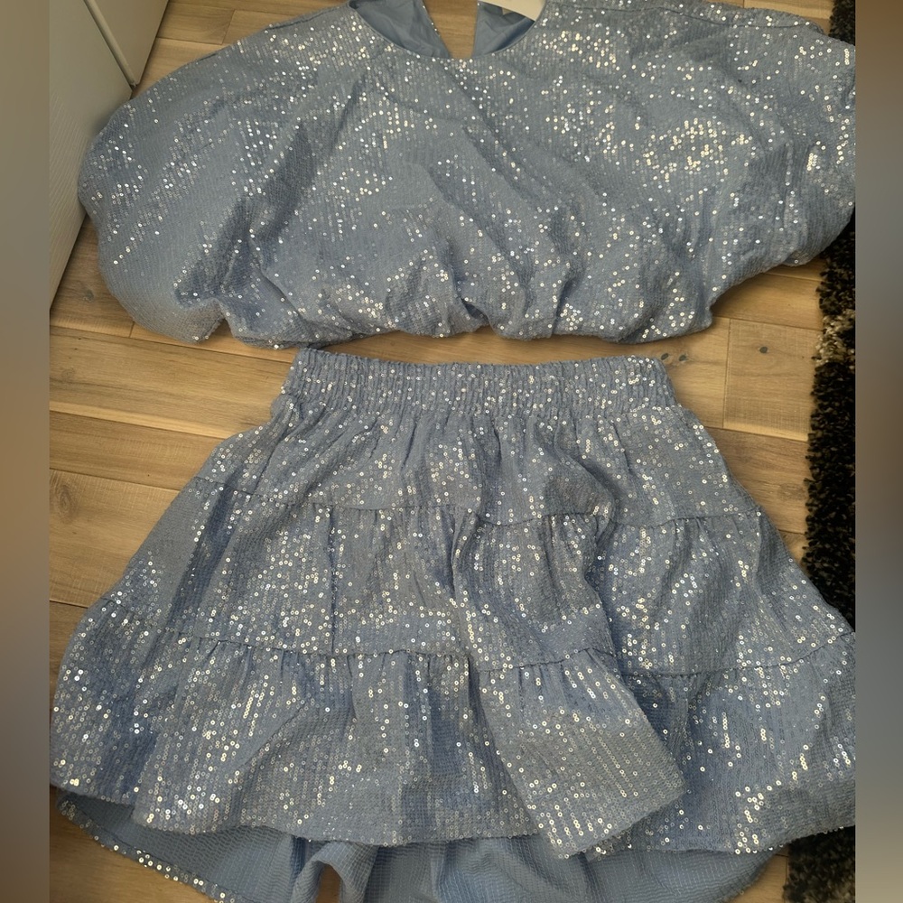 Luminary Sequin Blue Skirt and Shirt Set